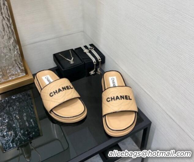 Grade Quality Chanel Quilted Lambskin Flat Slide Sandals with CC and Signature Beige 601002