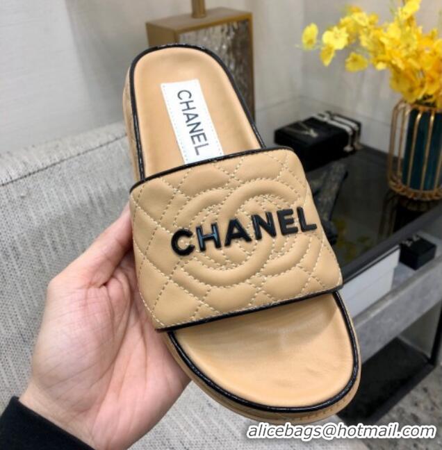 Grade Quality Chanel Quilted Lambskin Flat Slide Sandals with CC and Signature Beige 601002