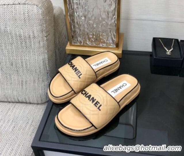 Grade Quality Chanel Quilted Lambskin Flat Slide Sandals with CC and Signature Beige 601002