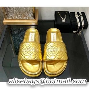 Best Grade Chanel Quilted Lambskin Flat Slide Sandals with CC and Signature Gold 601003