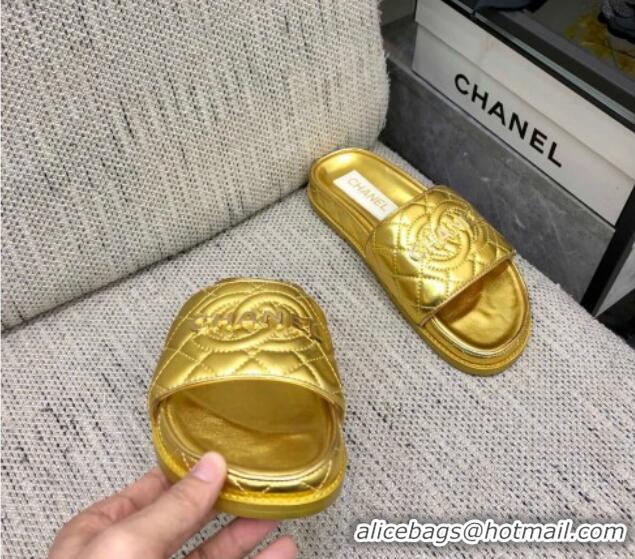 Best Grade Chanel Quilted Lambskin Flat Slide Sandals with CC and Signature Gold 601003