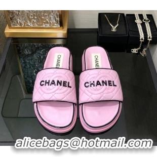 Low Price Chanel Quilted Lambskin Flat Slide Sandals with CC and Signature Light Purple 601004