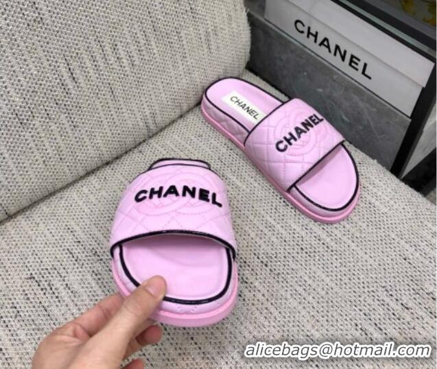 Low Price Chanel Quilted Lambskin Flat Slide Sandals with CC and Signature Light Purple 601004