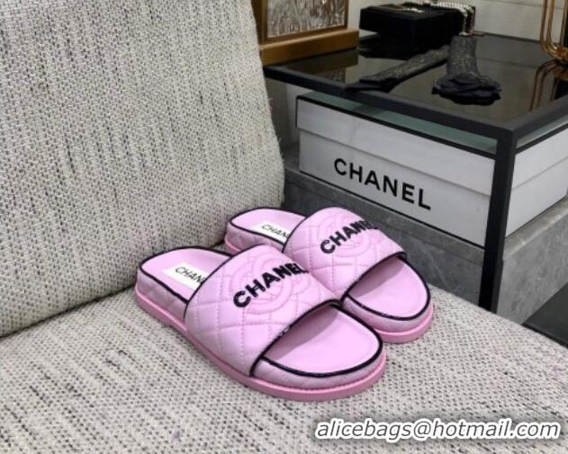 Low Price Chanel Quilted Lambskin Flat Slide Sandals with CC and Signature Light Purple 601004