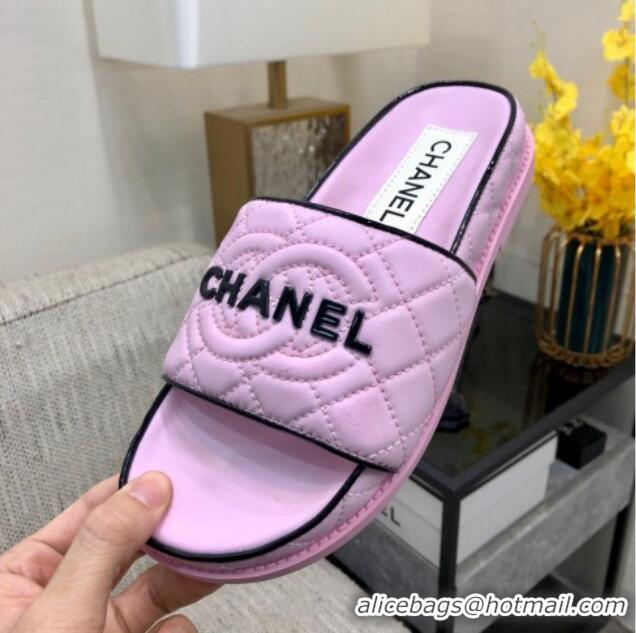 Low Price Chanel Quilted Lambskin Flat Slide Sandals with CC and Signature Light Purple 601004