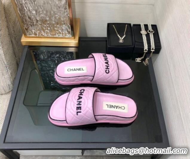 Low Price Chanel Quilted Lambskin Flat Slide Sandals with CC and Signature Light Purple 601004