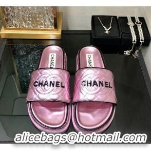 Durable Chanel Quilted Lambskin Flat Slide Sandals with CC and Signature Light Pink 601005