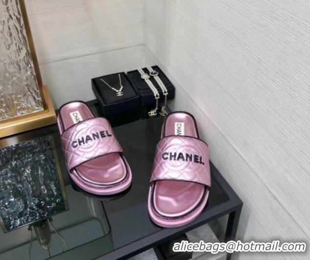 Durable Chanel Quilted Lambskin Flat Slide Sandals with CC and Signature Light Pink 601005