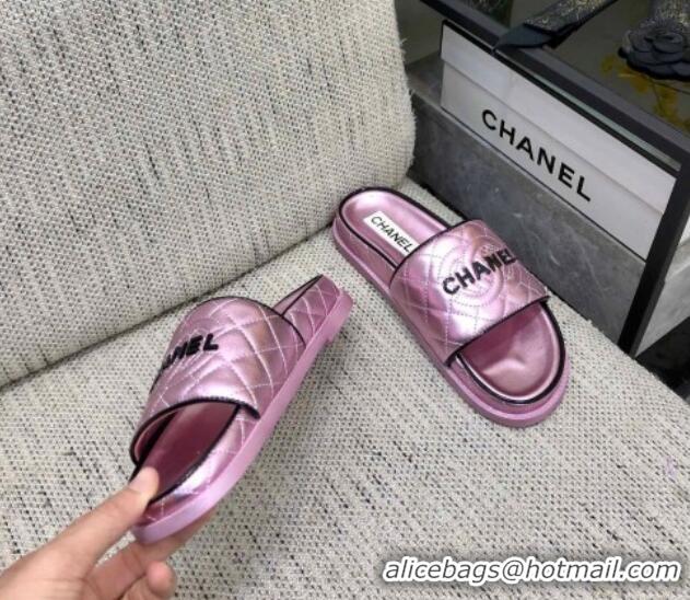 Durable Chanel Quilted Lambskin Flat Slide Sandals with CC and Signature Light Pink 601005