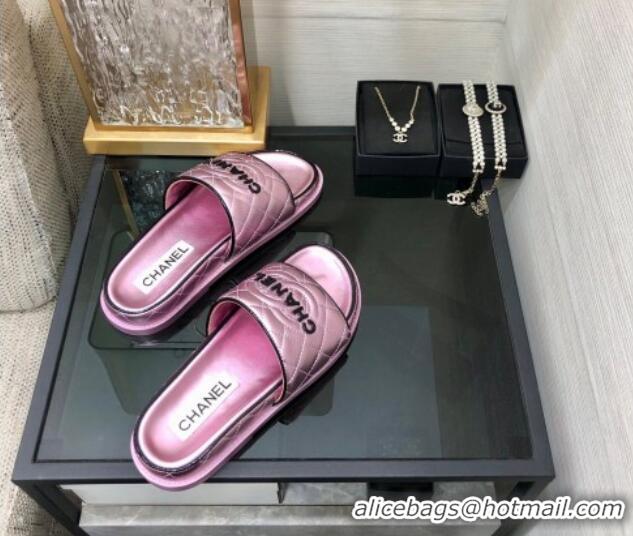 Durable Chanel Quilted Lambskin Flat Slide Sandals with CC and Signature Light Pink 601005