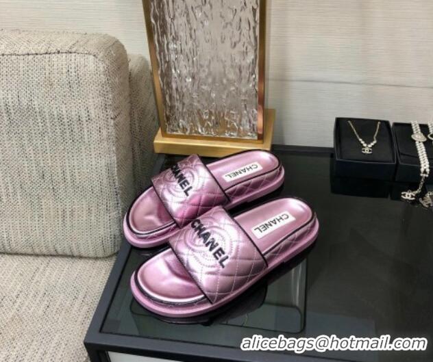 Durable Chanel Quilted Lambskin Flat Slide Sandals with CC and Signature Light Pink 601005