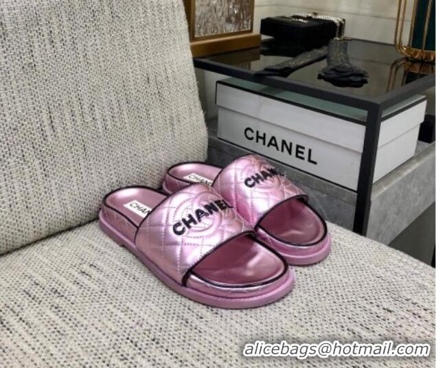 Durable Chanel Quilted Lambskin Flat Slide Sandals with CC and Signature Light Pink 601005