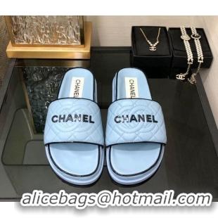 Unique Style Chanel Quilted Lambskin Flat Slide Sandals with CC and Signature Light Blue 601006