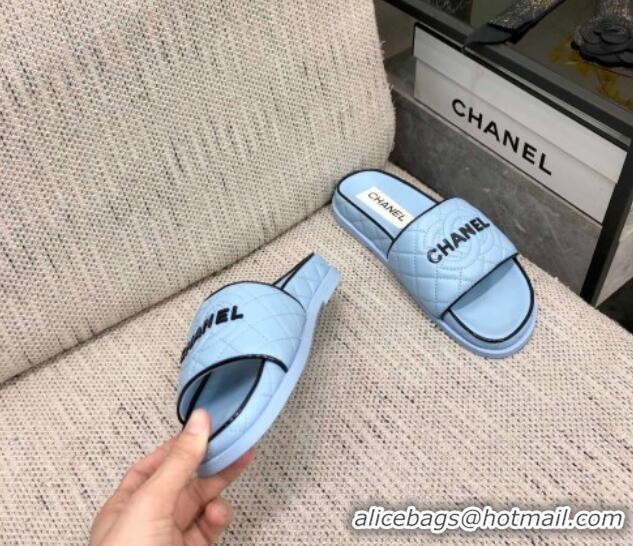 Unique Style Chanel Quilted Lambskin Flat Slide Sandals with CC and Signature Light Blue 601006