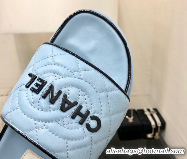 Unique Style Chanel Quilted Lambskin Flat Slide Sandals with CC and Signature Light Blue 601006