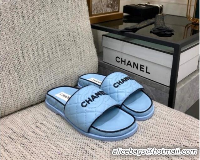 Unique Style Chanel Quilted Lambskin Flat Slide Sandals with CC and Signature Light Blue 601006