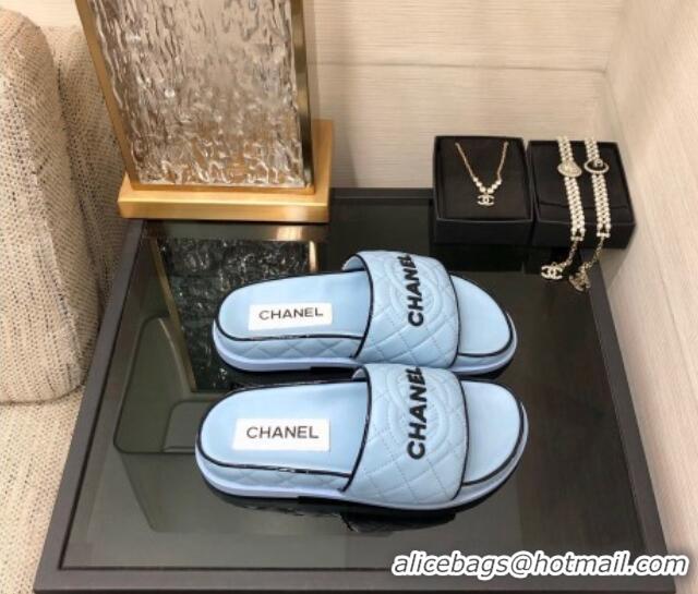 Unique Style Chanel Quilted Lambskin Flat Slide Sandals with CC and Signature Light Blue 601006