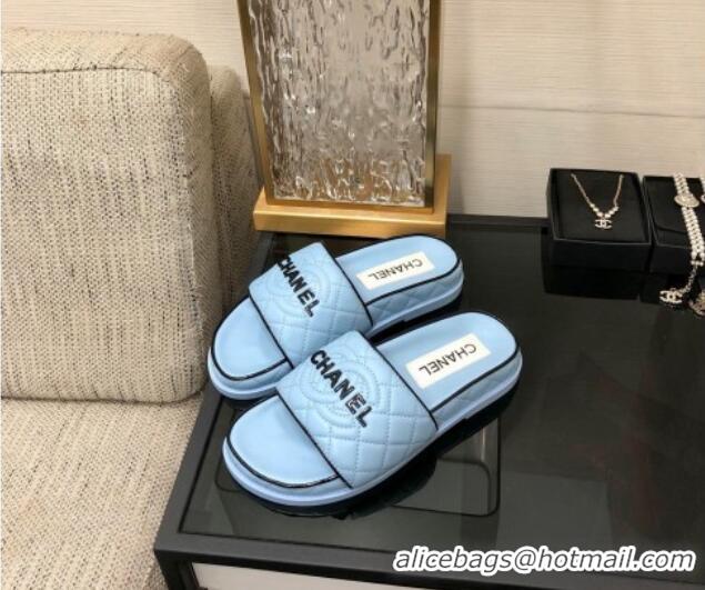 Unique Style Chanel Quilted Lambskin Flat Slide Sandals with CC and Signature Light Blue 601006