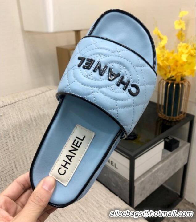 Unique Style Chanel Quilted Lambskin Flat Slide Sandals with CC and Signature Light Blue 601006