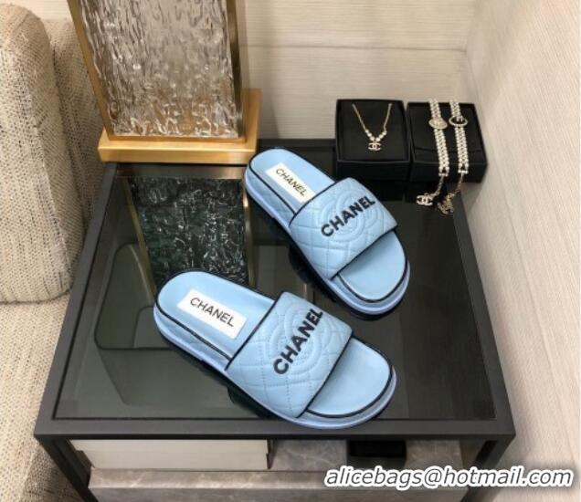 Unique Style Chanel Quilted Lambskin Flat Slide Sandals with CC and Signature Light Blue 601006