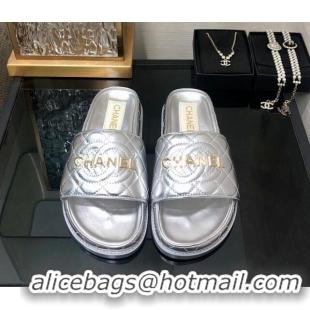 Good Looking Chanel Quilted Lambskin Flat Slide Sandals with CC and Signature Silver 601007