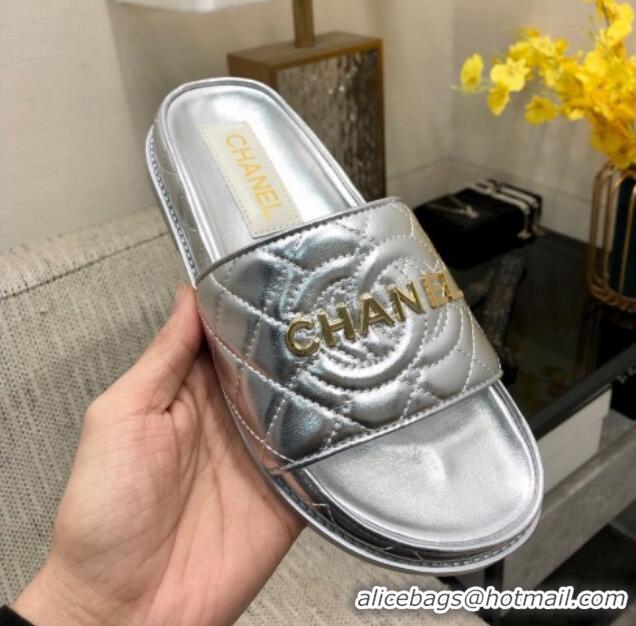 Good Looking Chanel Quilted Lambskin Flat Slide Sandals with CC and Signature Silver 601007