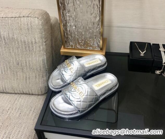 Good Looking Chanel Quilted Lambskin Flat Slide Sandals with CC and Signature Silver 601007