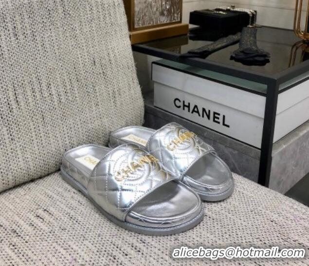 Good Looking Chanel Quilted Lambskin Flat Slide Sandals with CC and Signature Silver 601007