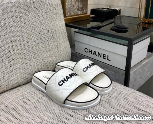 Luxurious Chanel Quilted Lambskin Flat Slide Sandals with CC and Signature White 601008