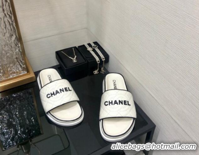 Luxurious Chanel Quilted Lambskin Flat Slide Sandals with CC and Signature White 601008