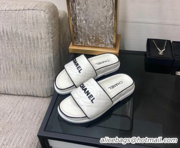 Luxurious Chanel Quilted Lambskin Flat Slide Sandals with CC and Signature White 601008