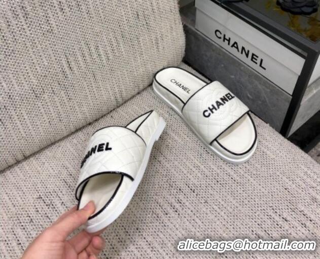 Luxurious Chanel Quilted Lambskin Flat Slide Sandals with CC and Signature White 601008