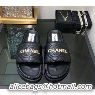 Most Popular Chanel Quilted Lambskin Flat Slide Sandals with CC and Signature Black 601009