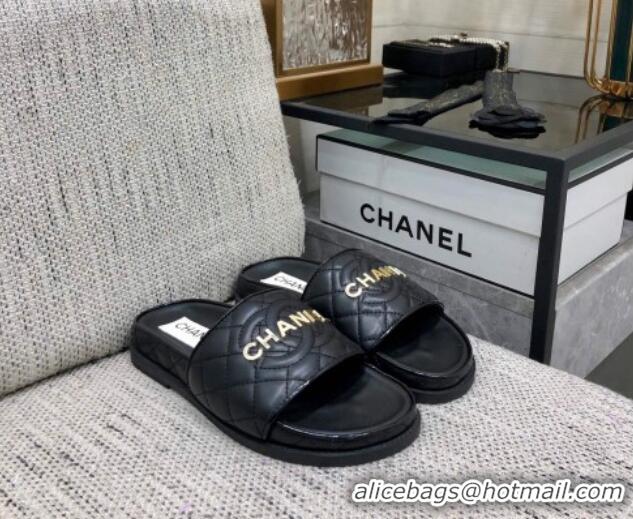 Most Popular Chanel Quilted Lambskin Flat Slide Sandals with CC and Signature Black 601009