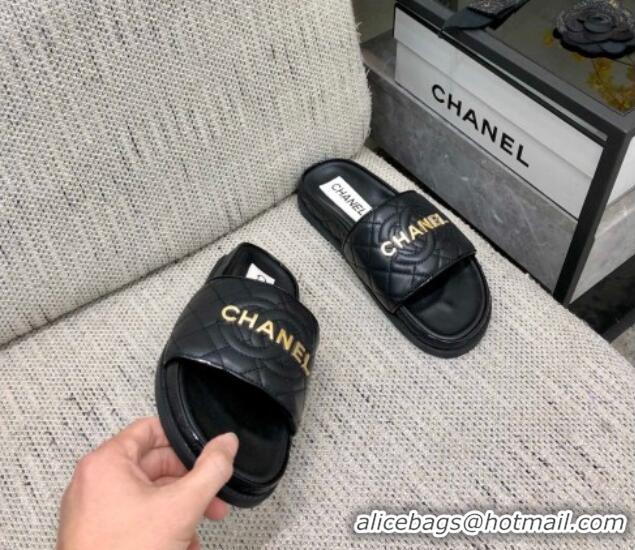 Most Popular Chanel Quilted Lambskin Flat Slide Sandals with CC and Signature Black 601009