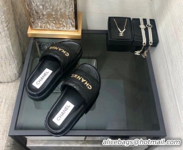 Most Popular Chanel Quilted Lambskin Flat Slide Sandals with CC and Signature Black 601009