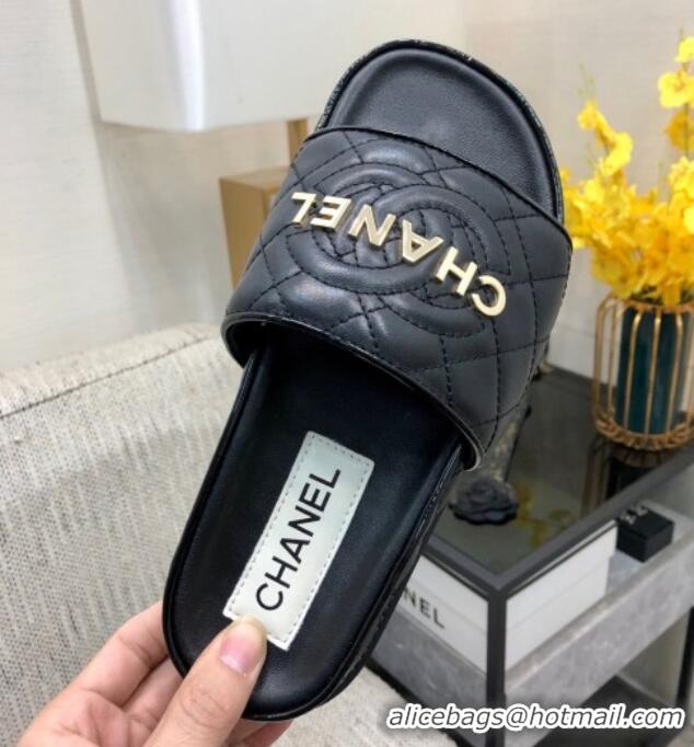 Most Popular Chanel Quilted Lambskin Flat Slide Sandals with CC and Signature Black 601009