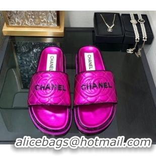 Top Design Chanel Quilted Lambskin Flat Slide Sandals with CC and Signature Dark Pink 601010