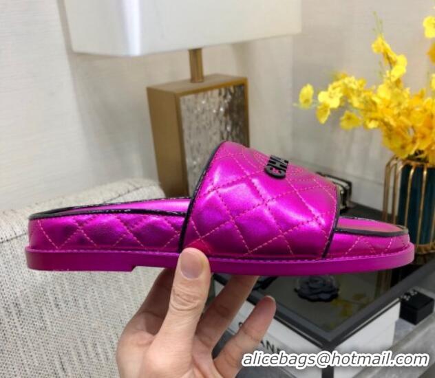 Top Design Chanel Quilted Lambskin Flat Slide Sandals with CC and Signature Dark Pink 601010