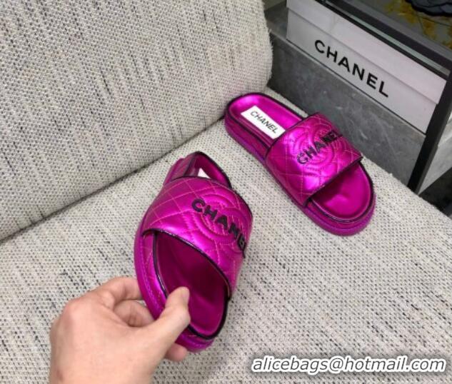 Top Design Chanel Quilted Lambskin Flat Slide Sandals with CC and Signature Dark Pink 601010