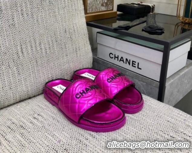 Top Design Chanel Quilted Lambskin Flat Slide Sandals with CC and Signature Dark Pink 601010