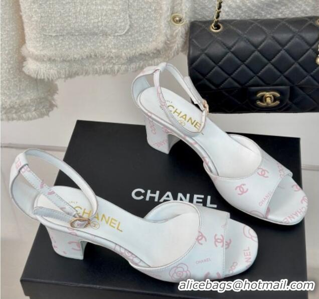 Best Price Chanel Coco Printed Lambskin Heel Sandals 6cm White/Pink 601011