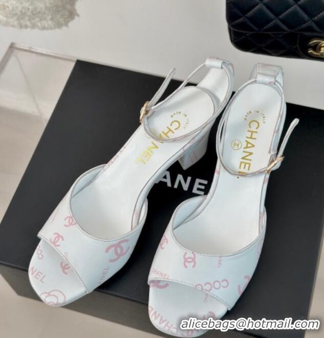 Best Price Chanel Coco Printed Lambskin Heel Sandals 6cm White/Pink 601011