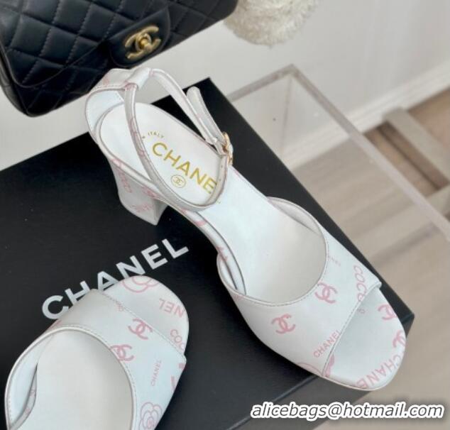 Best Price Chanel Coco Printed Lambskin Heel Sandals 6cm White/Pink 601011