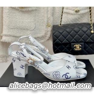 Buy Luxury Chanel Coco Printed Lambskin Heel Sandals 6cm White/Blue 601012