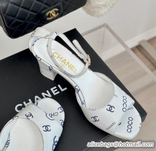 Buy Luxury Chanel Coco Printed Lambskin Heel Sandals 6cm White/Blue 601012