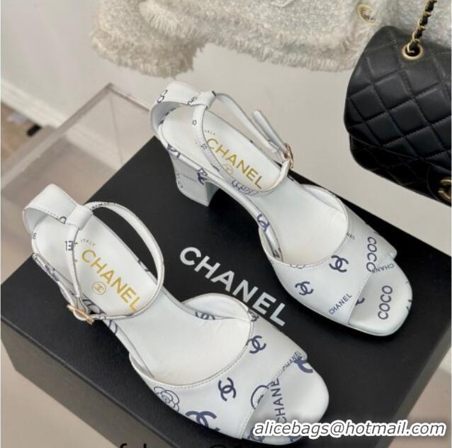 Buy Luxury Chanel Coco Printed Lambskin Heel Sandals 6cm White/Blue 601012