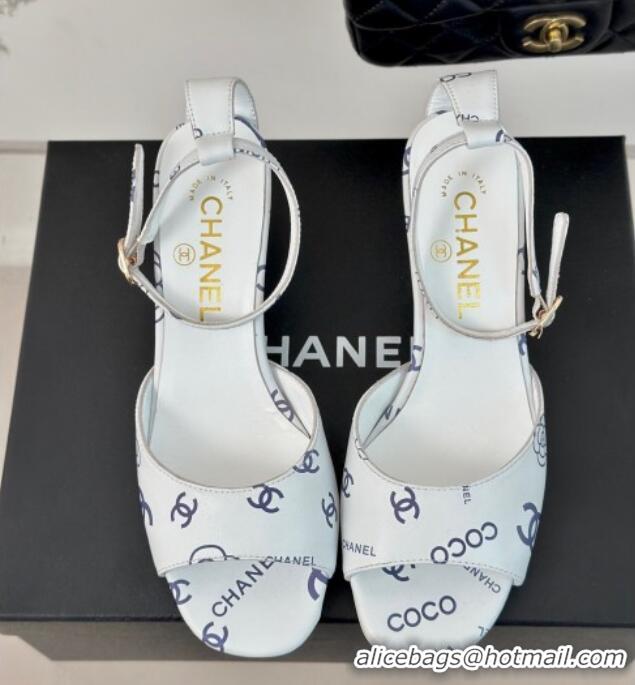 Buy Luxury Chanel Coco Printed Lambskin Heel Sandals 6cm White/Blue 601012