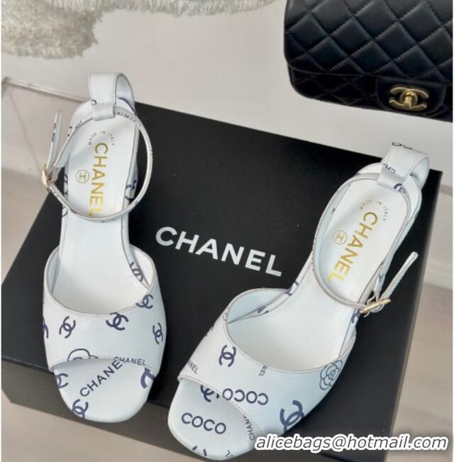 Buy Luxury Chanel Coco Printed Lambskin Heel Sandals 6cm White/Blue 601012