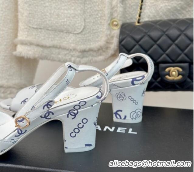 Buy Luxury Chanel Coco Printed Lambskin Heel Sandals 6cm White/Blue 601012